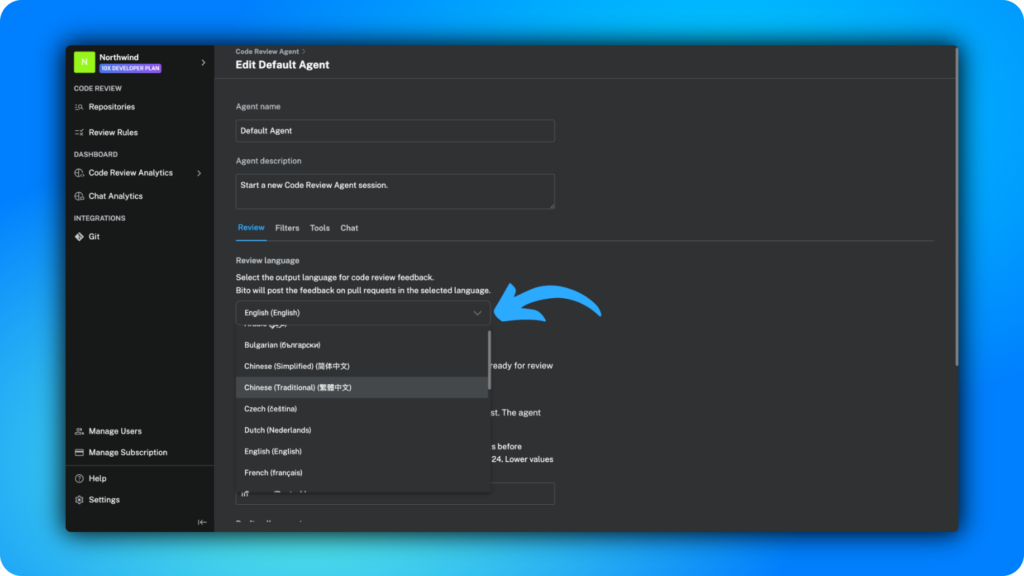 Changes language in Bito Cloud
