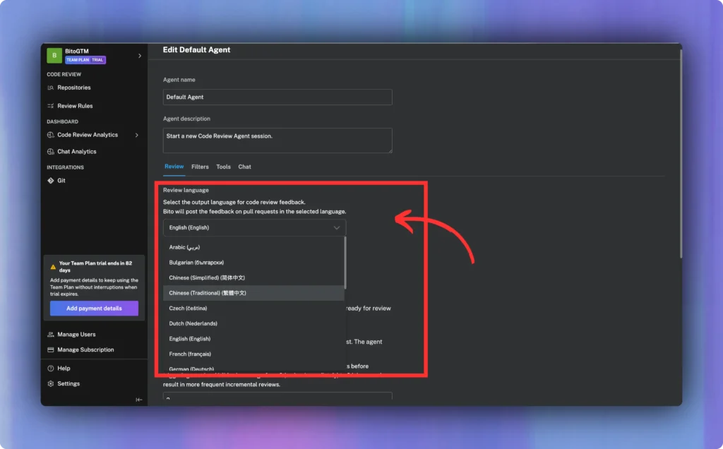 Language settings - Bito
